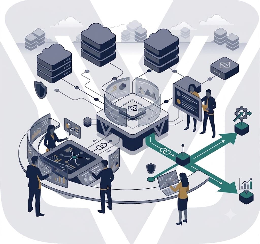 Digital product engineering — abstract illustration representing cloud architecture, data flows, and modern software development